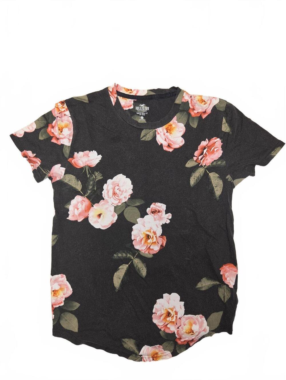 Hollister California Dark Grey Pink Floral Curved Hem T-Shirt Womens Size XS